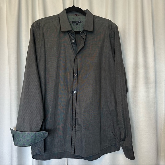 Ted Baker London Mens Shirt 5 XL Long Sleeve Button Up Gray Stripe Flip Cuff - Picture 2 of 13